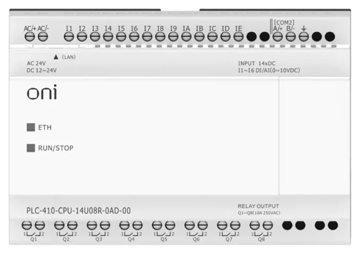 Модуль ЦПУ ПЛК 410 8 DI 6 UI (0-10В/DI) 8 RO 12В-24В DC или 24В AC с Ethernet портом без экрана ONI PLC-410-CPU-14U08R-0AD-00