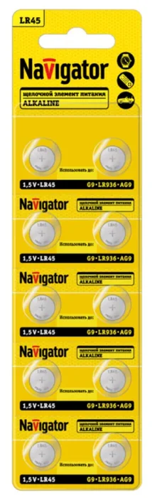 Элемент питания алкалиновый "таблетка" 95 670 NBT-13 (LR45 AG9 LR936 BP10) (блист.10шт) Navigator 95670