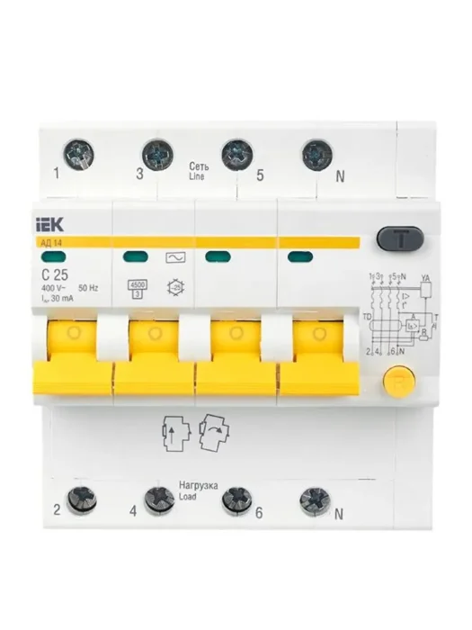Выключатель автоматический дифференциального тока 4п C 25А 30мА тип AC 4.5кА АД-14 KARAT IEK MAD10-4-025-C-030