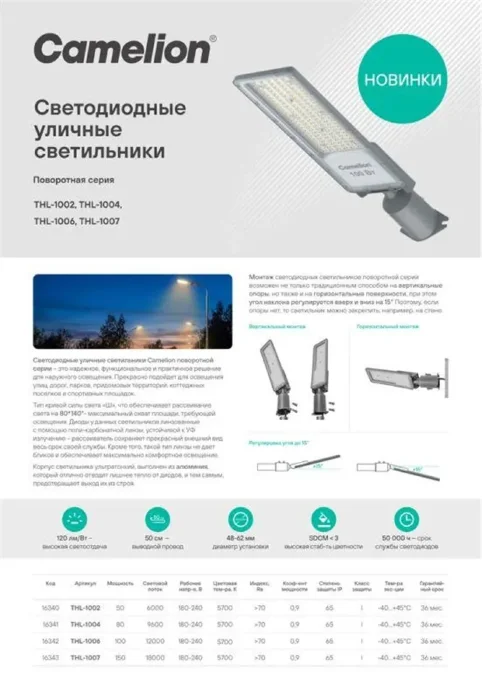 Светильник THL-1006 100Вт 5700К IP65 12000лм 180-240В 500х130х79 КСС "Ш" 1/10 ПВ уличный Camelion 16342