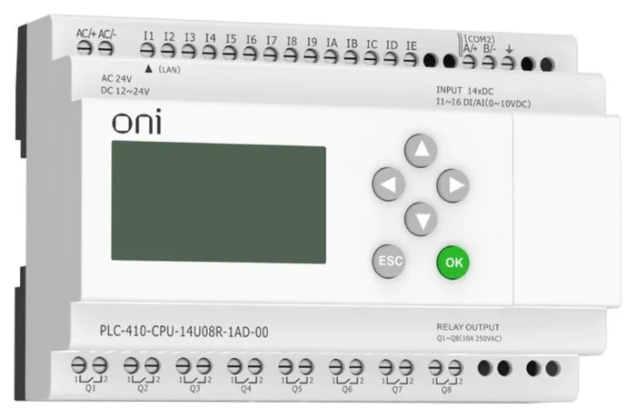 Модуль ЦПУ ПЛК 410 8 DI 6 UI (0-10В/DI) 8 RO 12В-24В DC или 24В AC с Ethernet портом с экраном ONI PLC-410-CPU-14U08R-1AD-00
