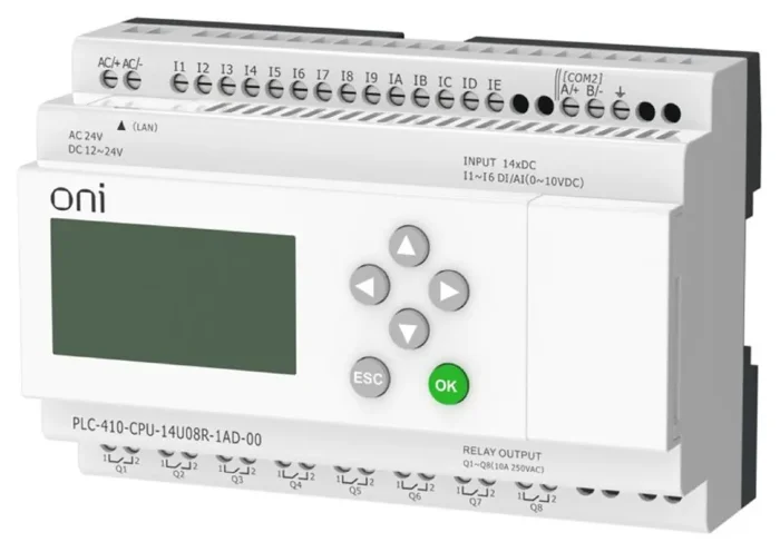 Модуль ЦПУ ПЛК 410 8 DI 6 UI (0-10В/DI) 8 RO 12В-24В DC или 24В AC с Ethernet портом с экраном ONI PLC-410-CPU-14U08R-1AD-00