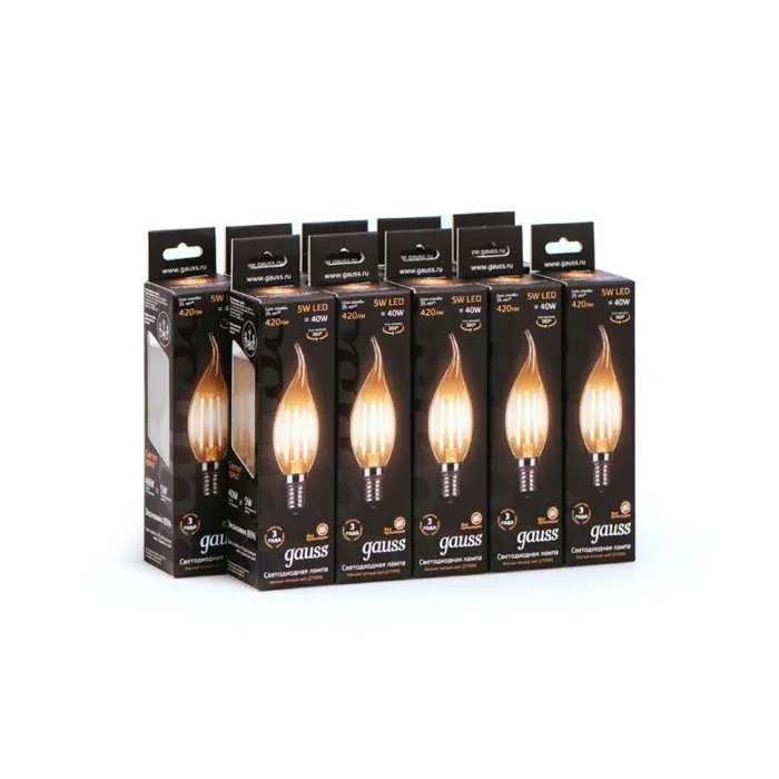 Лампа светодиодная филаментная Black Filament 5Вт свеча на ветру 2700К тепл. бел. E14 420лм GAUSS 104801105