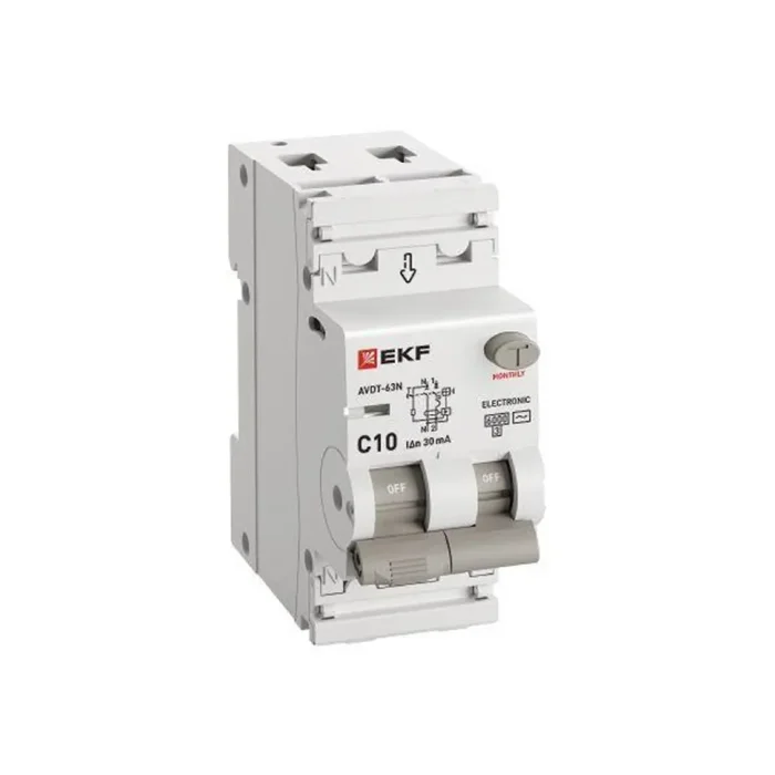 Выключатель автоматический дифференциального тока 2п (1P+N) C 10А 30мА тип AC 6кА АВДТ-63N (электрон.) PROxima EKF D63N26E10C30
