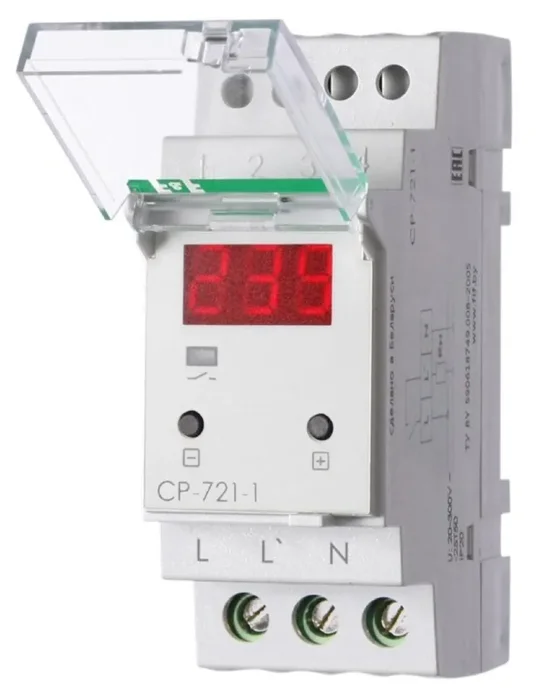 Реле напряжения CP-721-1 (CP-721-63A) (однофазное; цифровая индикация; напряжение питания 50-450В контакт 1NO 63А встроен. таймер регистрация аварий в памяти индикация текущего напряжения) (аналог УЗМ) F&amp;F EA04.009.013