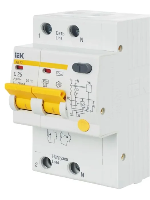 Выключатель автоматический дифференциального тока 2п C 25А 100мА тип AC 4.5кА АД-12 KARAT IEK MAD10-2-025-C-100