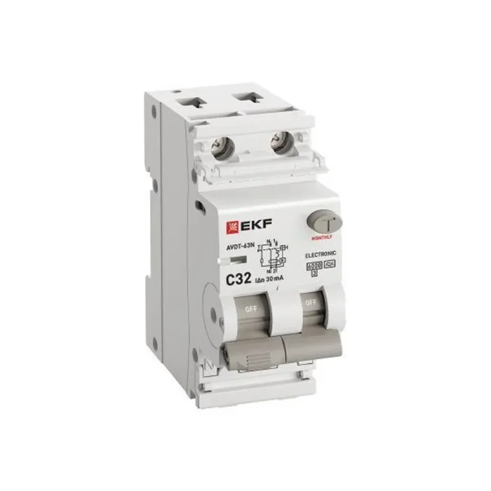 Выключатель автоматический дифференциального тока 2п (1P+N) C 32А 30мА тип A 6кА АВДТ-63N (электрон.) PROxima EKF D63N26EA32C30