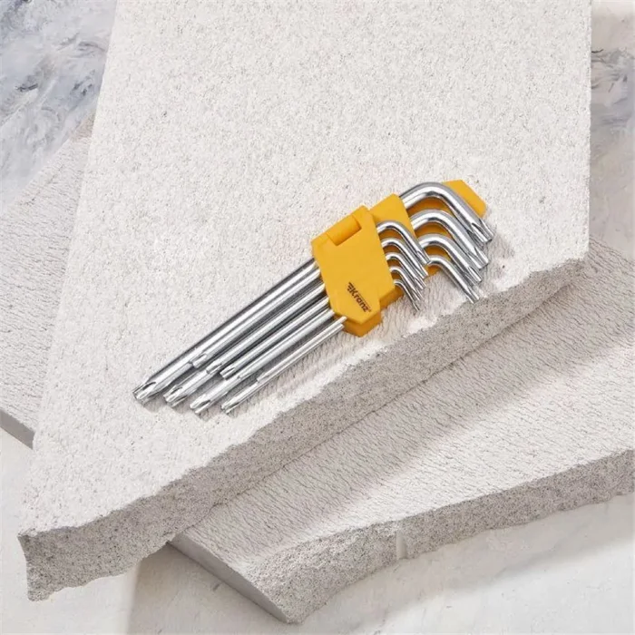 Набор ключей имбусовых Tamper-Torx 9шт ТТ10-ТТ50 закаленные удлиненные никель Kranz KR-12-5221