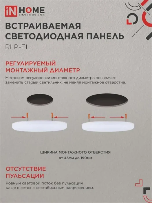 Светильник светодиодный RLP-FL 36Вт 6500К IP20 3240лм 230В 223мм с рег. монтаж. 45-190мм встраив. безрамочн. панель бел. IN HOME 4690612036755