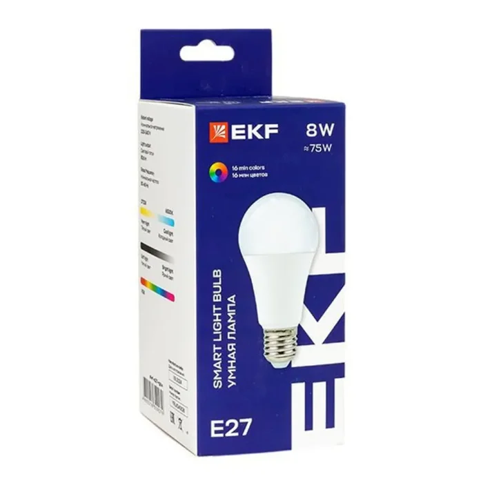 Лампа светодиодная Умная Connect 8Вт грушевидная RGBW E27 220-240В WIFI EKF slwf-e27-rgbw