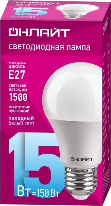 Лампа светодиодная 61 151 OLL-A60-15-230-6.5K-E27 15Вт грушевидная 6500К холод. бел. E27 1500лм 176-264В ОНЛАЙТ 61151