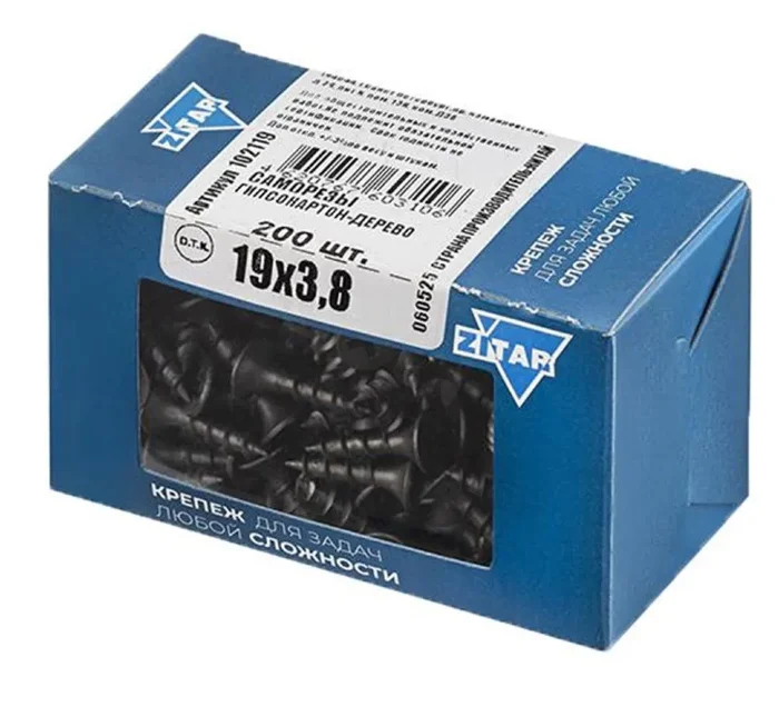 Саморез гипсокартон-дерево 3.8х19 (коробка) (уп.200шт) Tech-Krep/Zitar 102119