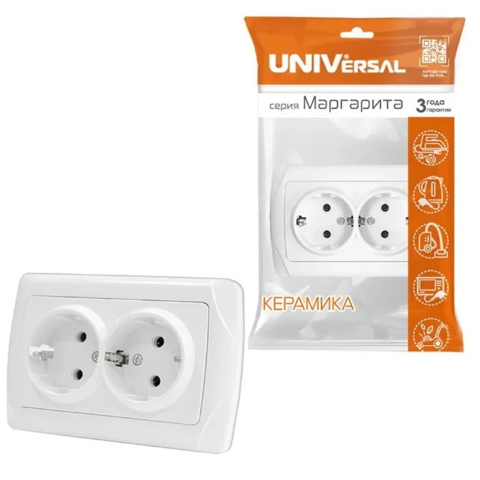 Розетка 2-м СП Маргарита 16А IP20 с заземл. бел. UNIVersal М0128