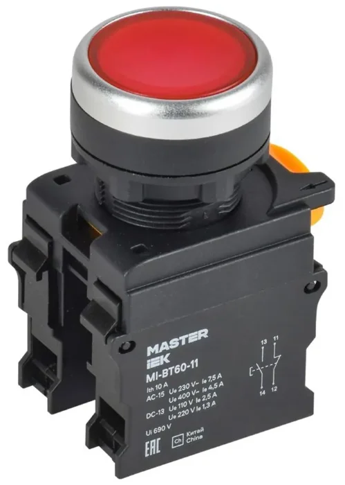 Кнопка d22мм 1НО+1НЗ MASTER красн. IEK MI-BT60-11-3-22-K04
