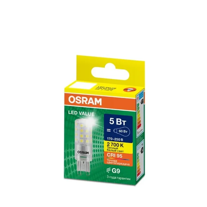Лампа светодиодная LED G4 Value LVPIN60 5W/927 CRI95 5Вт 2700К 700лм капсульная прозр. G9 170-250В OSRAM 4610590510344