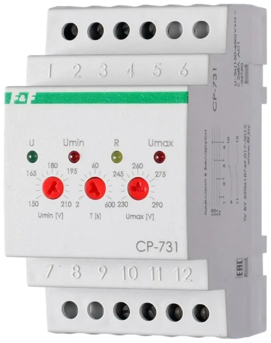 Реле напряжения CP-731 (трехфазный; микропроцессорный; контроль верхнего и нижнего значений напряжения; контроль асимметрии; чередования фаз; монтаж на DIN-рейке 35мм 3х400/230+N 2х8А 1Z 1R IP20) F&amp;F EA04.009.005