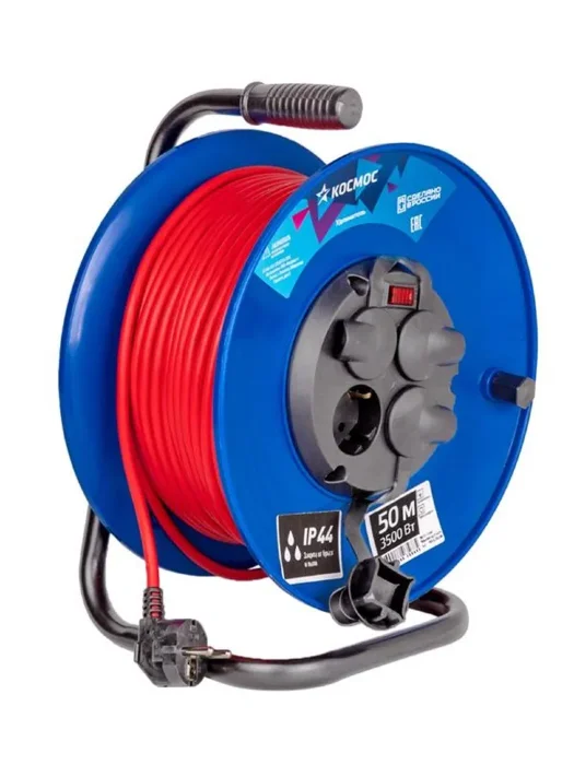 Удлинитель на катушке 4х50м с заземл. 16А IP44 3.5кВт ПВС 3х1.5 термозащ. КОСМОС YKKsm50m-4g-Z(16A)IP