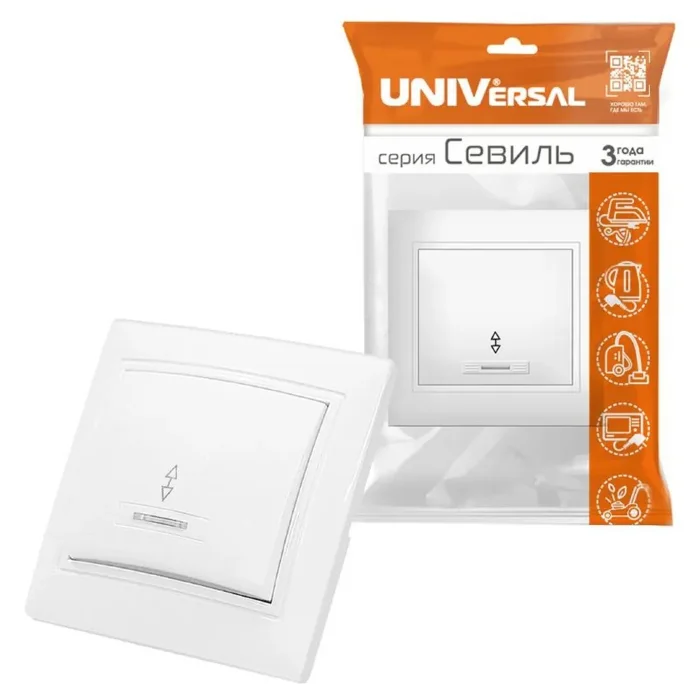 Переключатель проходной 1-кл. СП Севиль 10А IP20 с подсветкой бел. UNIVersal С0125