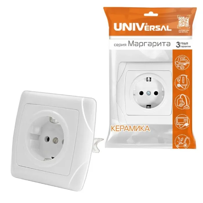 Розетка 1-м СП Маргарита 16А IP20 с заземл. бел. UNIVersal М0028