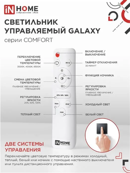 Светильник светодиодный COMFORT GALAXY 55Вт 3000-6500К 4400лм 230В 450х70мм с пультом ДУ IN HOME 4690612035062