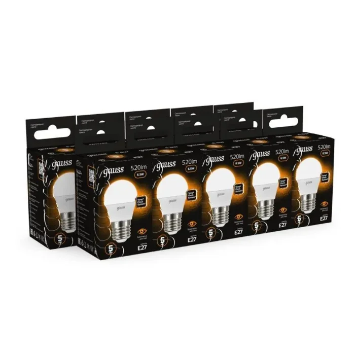 Лампа светодиодная Black 6.5Вт P45 шар 3000К тепл. бел. E27 520лм GAUSS 105102107