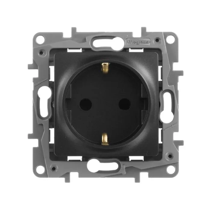 Розетка 1-м СП Etika 16А IP31 250В 2P+E с заземл. защ. шторки немецк. стандарт винтов. клеммы механизм антрацит IEK 672622