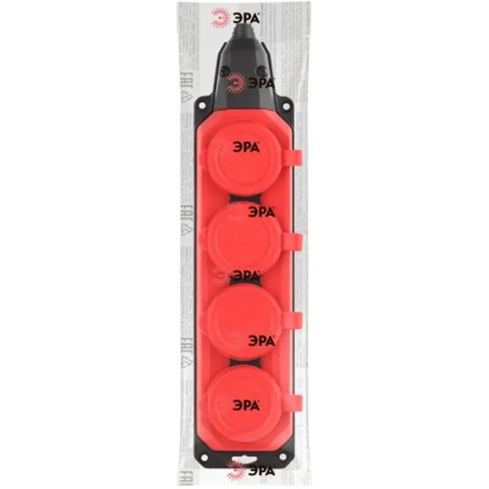 Колодка удлинителя 4-м с заземл. 16А IP44 K-4e-RED-IP44 каучук красн. Эра Б0044553