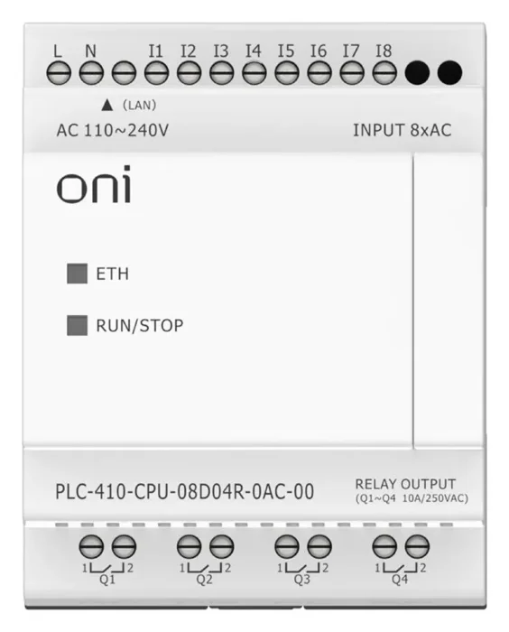 Модуль ЦПУ ПЛК 410 8 DI 4 RO 220В AC с Ethernet портом без экрана ONI PLC-410-CPU-08D04R-0AC-00