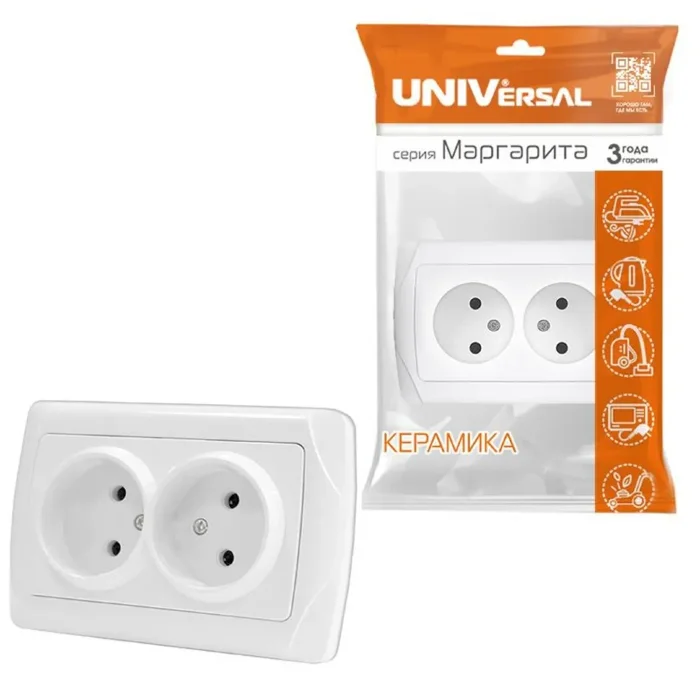 Розетка 2-м СП Маргарита 16А IP20 без заземл. бел. UNIVersal М0102
