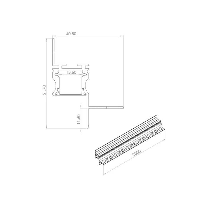 Алюминиевый профиль встраиваемый в гипсокартон 185 (2000x50x40 мм с рассеивателем)