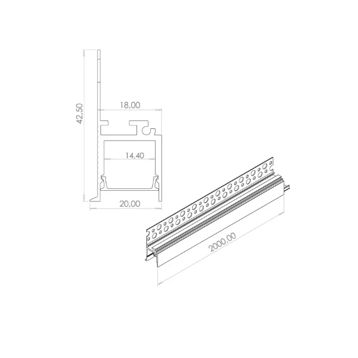 Алюминиевый профиль встраиваемый в гипсокартон 187 (белый, 2000x42,5x20 мм с рассеивателем)