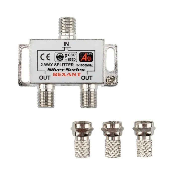 Делитель ТВ "краб" х2+3шт F "BOX" 5-1000 МГц "Silver" Rexant 05-6101