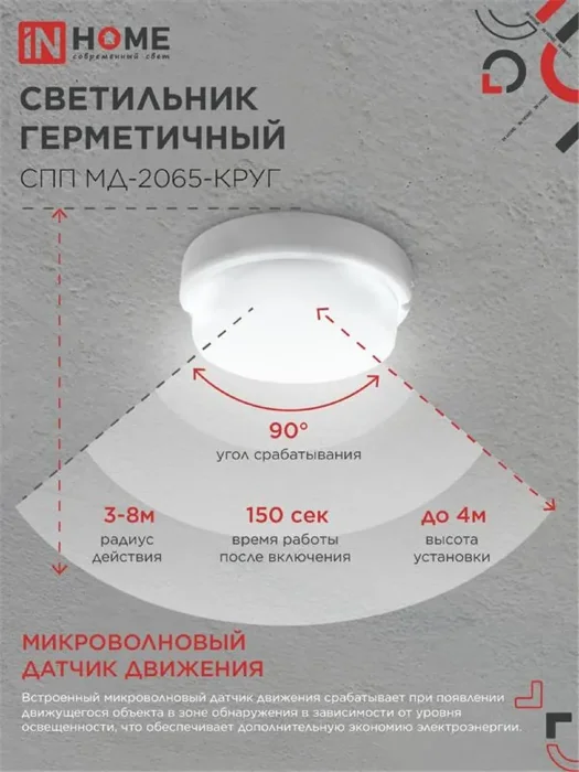 Светильник светодиодный СПП МД-2065-КРУГ 20Вт 6500К IP65 1800лм 155мм герметичный с микроволновым датчиком IN HOME 4690612044118