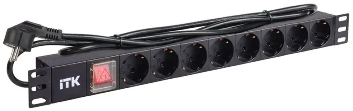 Блок розеток 8 мест PDU (немец. станд.) DIN49440 PH12-8D1 с LED выкл. алюм. профиль1U шнур 2м ITK PH12-8D1