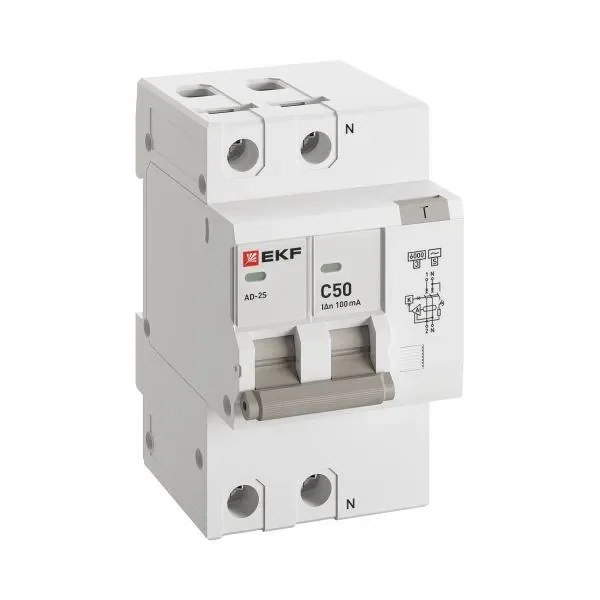 Выключатель автоматический дифференциального тока C 50А 100мА тип AC 6кА АД-2 S (электрон.) защита 270В PROxima EKF DA2-6-50-100S-pro