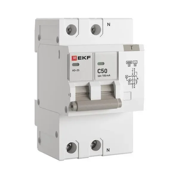 Выключатель автоматический дифференциального тока C 50А 100мА тип AC 6кА АД-2 S (электрон.) защита 270В PROxima EKF DA2-6-50-100S-pro
