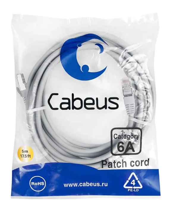 Патч-корд S/FTP кат.6A PC-SSTP-RJ45-Cat.6a-5m-LSZH 2xRJ45/8p8c экранир. LSZH (10G) 5м сер. Cabeus 7905c