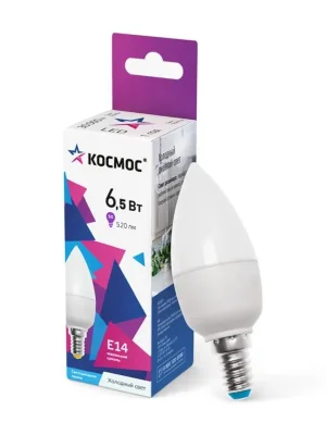 Лампа светодиодная 6.5Вт свеча 6500К холод. бел. E14 220В КОСМОС LkecLED6.5wCNE1465