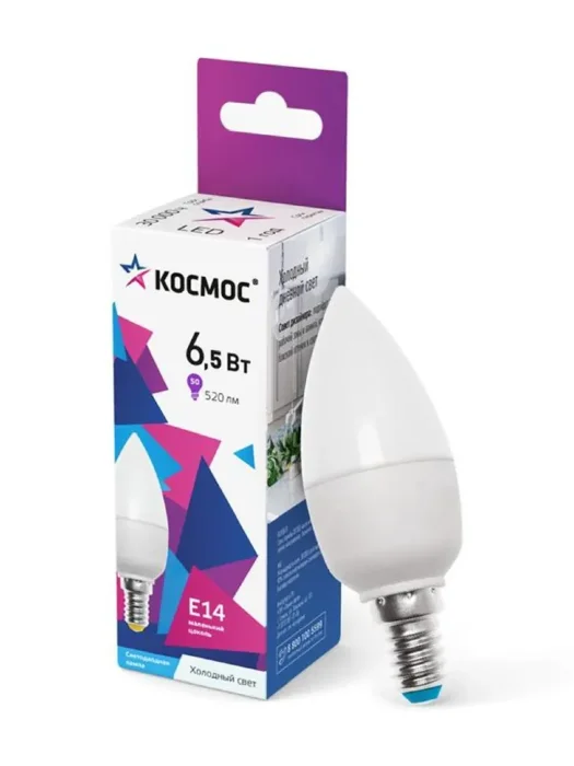Лампа светодиодная 6.5Вт свеча 6500К холод. бел. E14 220В КОСМОС LkecLED6.5wCNE1465