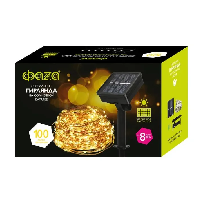 Светильник светодиодный садовый SLR-G03-100Y нить 100LED желт. на солнечн. батарее ФАZА 5033320