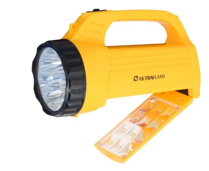 Фонарь аккумуляторный LED3819CSM 9LED + 12SMD 2 режима аккум. SLA 220В желт. Ultraflash 12860