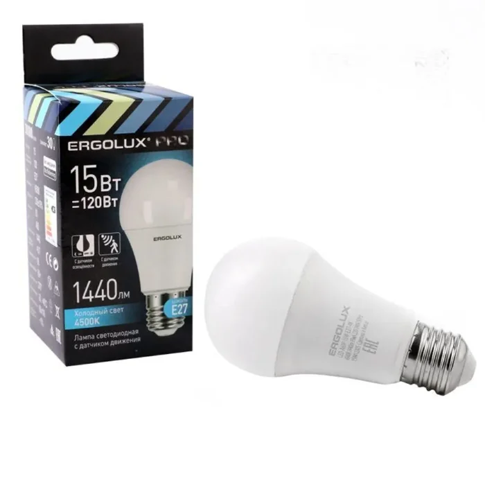 Лампа светодиодная с датчиком LED-A60P-15W-E27-4K PRO 15Вт Е27 4500К 220-240В с Ergolux 14763