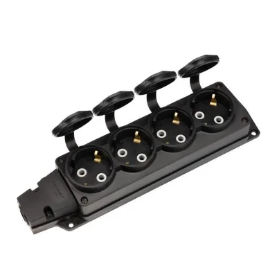 Колодка удлинителя 4-м с заземл. 16А IP54 влагозащ. с защ. крышкой COMPACT каучук черн. Rexant 111-224