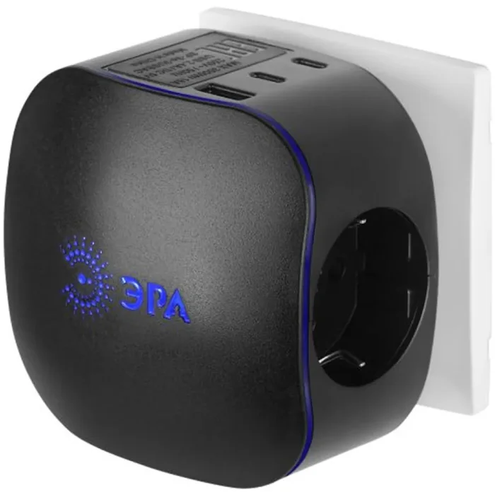 Разветвитель 3-м SP-3e-3USBAC-B + 3 USB A+C с заземл. со шторками 16А черн. Эра Б0069082