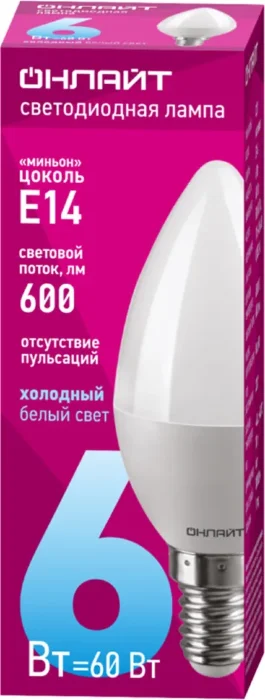 Лампа светодиодная 61 127 OLL-C37-6-230-6.5K-E14-FR 6Вт свеча 6500К холод. бел. E14 600лм 176-264В ОНЛАЙТ 61127