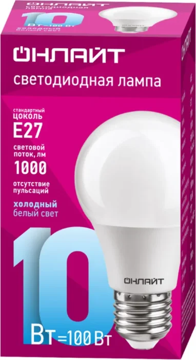 Лампа светодиодная 61 140 OLL-A60-10-230-6.5K-E27 10Вт грушевидная 6500К холод. бел. E27 1000лм 176-264В ОНЛАЙТ 61140