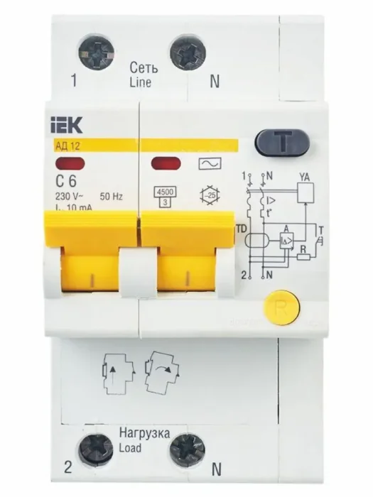 Выключатель автоматический дифференциального тока 2п C 6А 10мА тип AC 4.5кА АД-12 KARAT IEK MAD10-2-006-C-010
