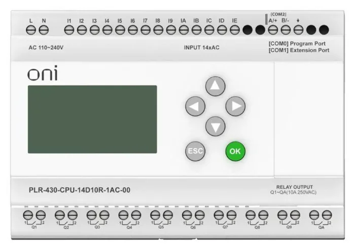 Модуль ЦПУ ПЛК 430 14 DI 10 RO 220В AC с экраном ONI PLR-430-CPU-14D10R-1AC-00