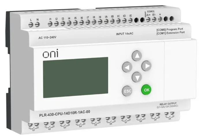 Модуль ЦПУ ПЛК 430 14 DI 10 RO 220В AC с экраном ONI PLR-430-CPU-14D10R-1AC-00