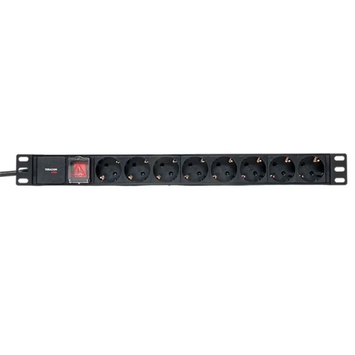 Блок PDU TERACOM PRO 19дюйм 1U 16А/250В 8 роз. Schuko с выключат. шнур 2м 3х1.5кв.мм вилка Schuko корпус пластик черн. EKF TRP-HPD-LSP-16A-8SH-2MSH
